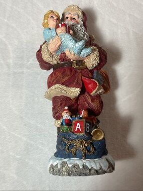 Classic Santa Figurine Holding Child - Red & Blue Holiday Decoration